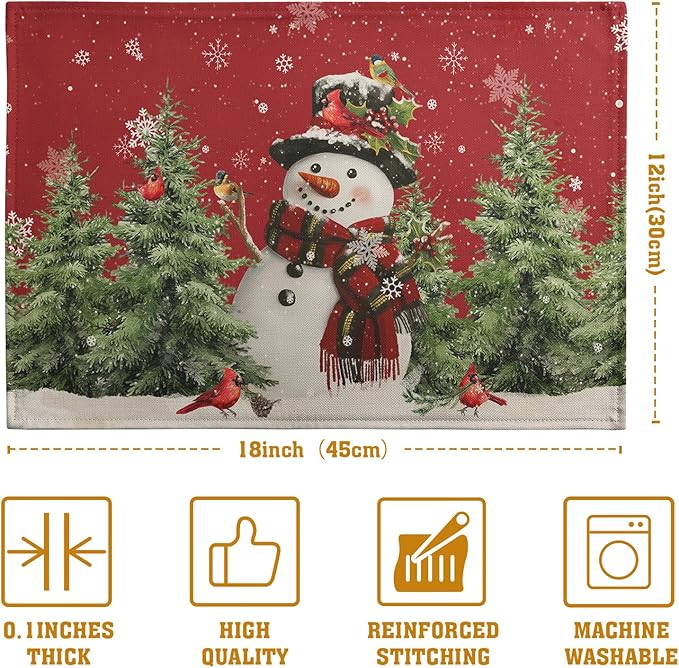 Snowman Christmas Red Placemats Set of 4 Xmas Tree Cardinal Snowflakes Linen - Image 4