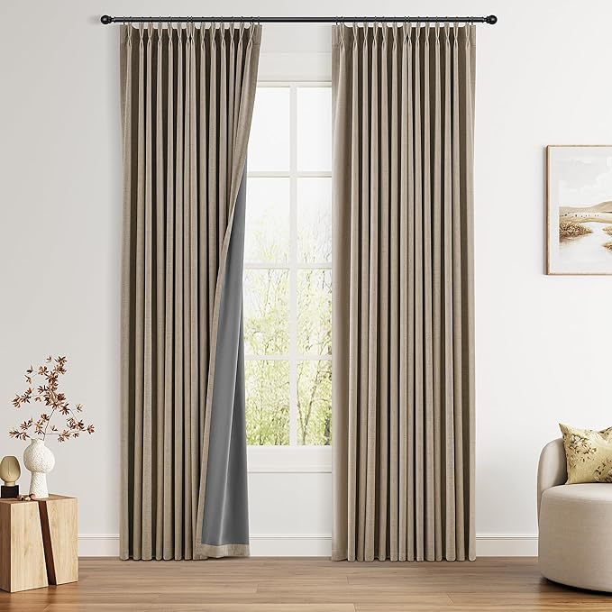 Pinch Pleated 100% Blackout Linen Curtains 90 Inch Length 2 Panels Set by Joywell