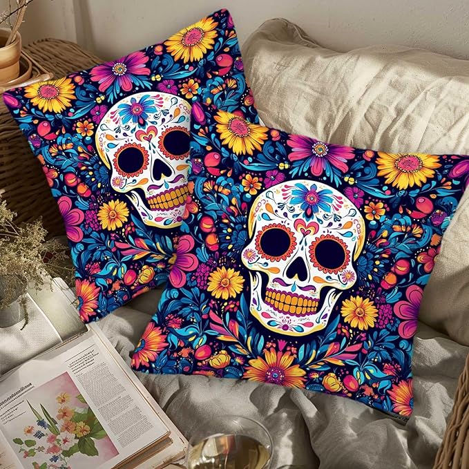 Sugar Skull Pillow Covers 18x18 Set of 2, Day of The Dead Halloween Cushion - Image 3