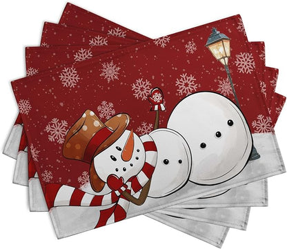 Red Snowman Snowflake Christmas Placemats Set of 4 Seasonal Winter Linen Table - Image 2