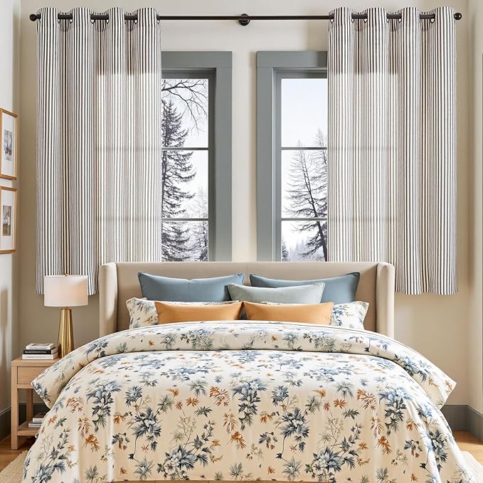 Vangao Linen Striped Black Curtains Boho Tickingstripe Light Filtering Window - Image 3
