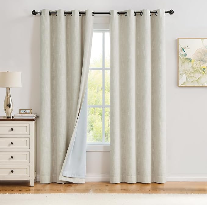 Beige Solid Full Blackout Curtain Heavy Linen Texture Window Treatment by CentralPark