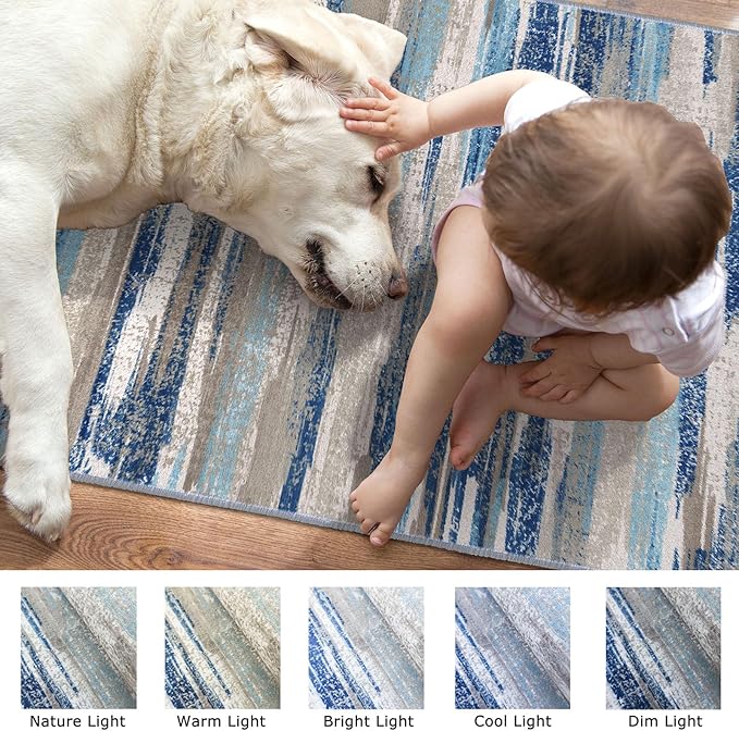 Modern Abstract Kitchen Rug Set of 2, 2x3 and 2x6 Blue Washable Rug Runner Non - Image 7