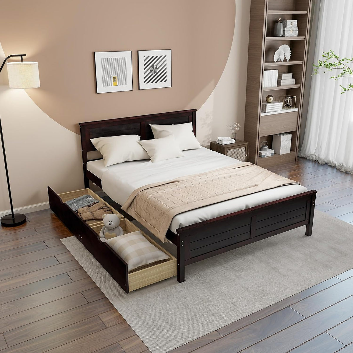komfott full size wood bed frame with 2, side view