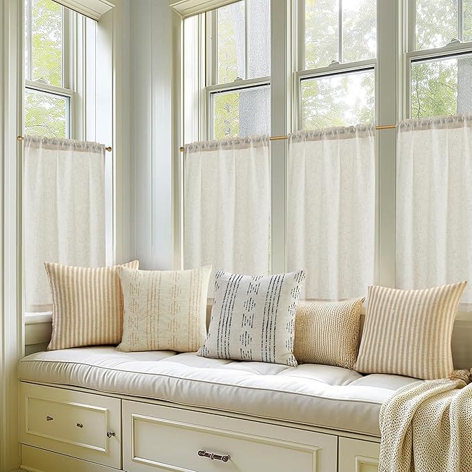 jinchan Beige Kitchen Curtains Linen Tier Curtains 45 Inches Farmhouse Cafe - Image 2