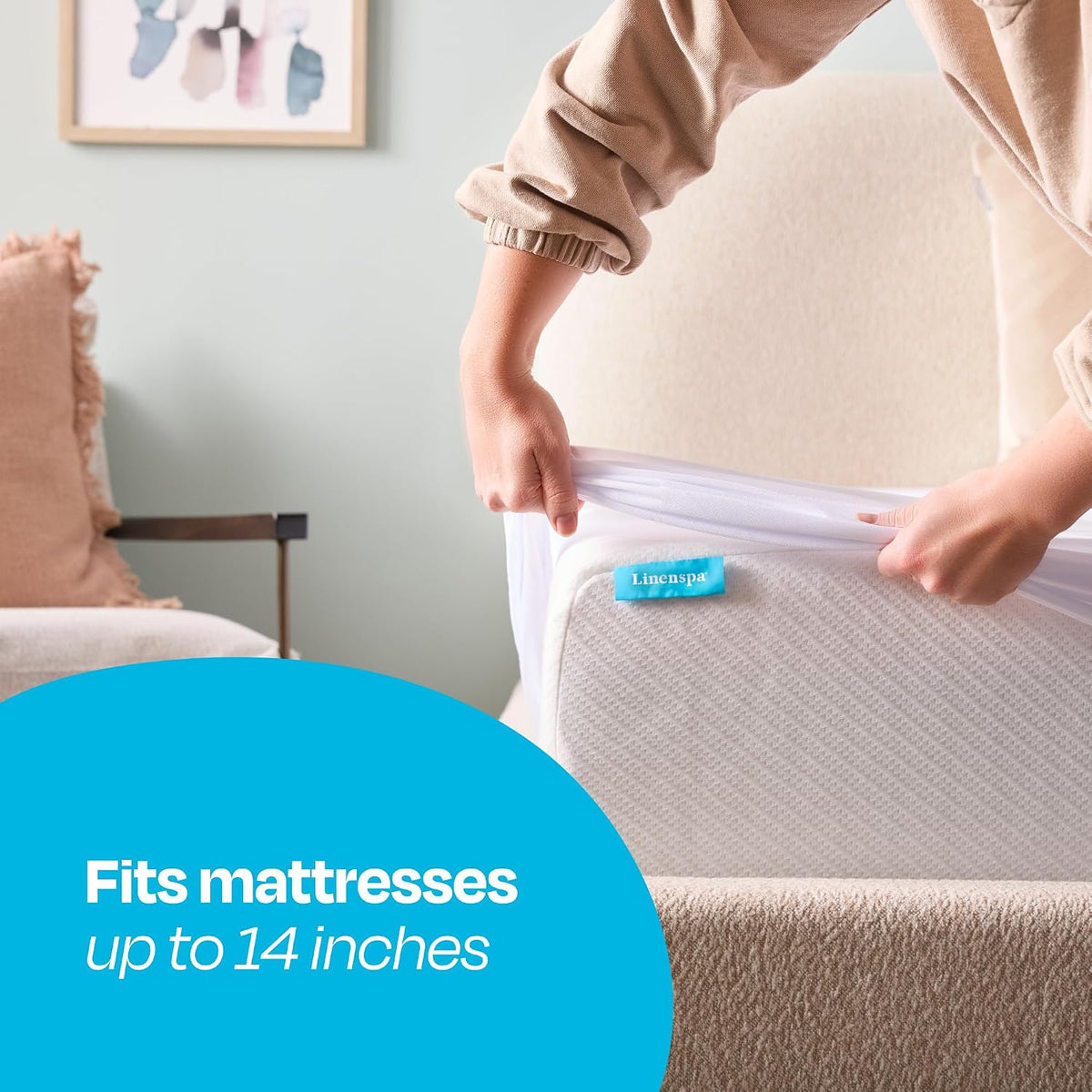 linenspa waterproof mattress protector, breathable, cal king size showing dimensions