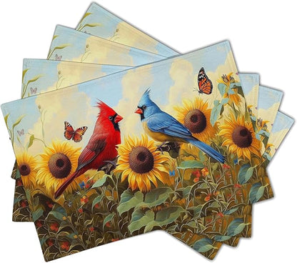 Giwawa Sunflower Birds Placemats Set of 4, Summer Sun Flower Butterflies Linen - Image 2