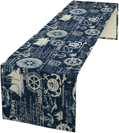Marine Ship Table Runner, Nautical Pattern Seasonal Farmhouse Sea Rustic by Unknown