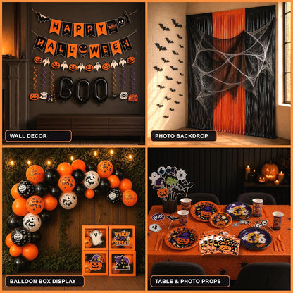 UJoyant 323PCS Halloween Party Decorations Set for 25 Guests, Orange Purple Tableware, 4 Balloon Boxes with 12 Custom-Designed Halloween Panels, Backdrop, Balloons and Photo Booth Props
