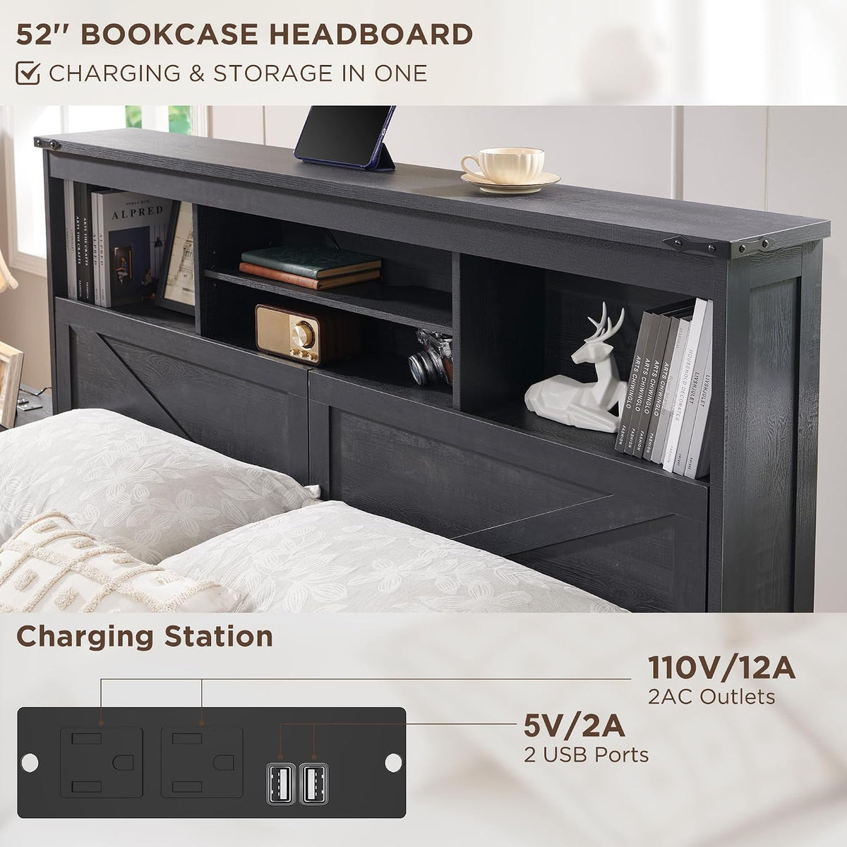 accohoho farmhouse king size bed frame with 52", side view