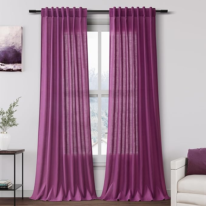 Nanspring Grape Purple Linen Curtains 96 Inch Long 2 Panels Set by Nanspring
