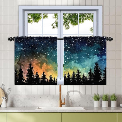 Renaiss 26 x 24 Inch Forest Starry Kitchen Curtains Light Filter Night Rustic by Renaiss