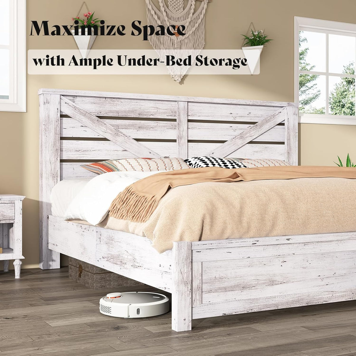 amerlife farmhouse king size bed frame with 49.2"barn showing dimensions