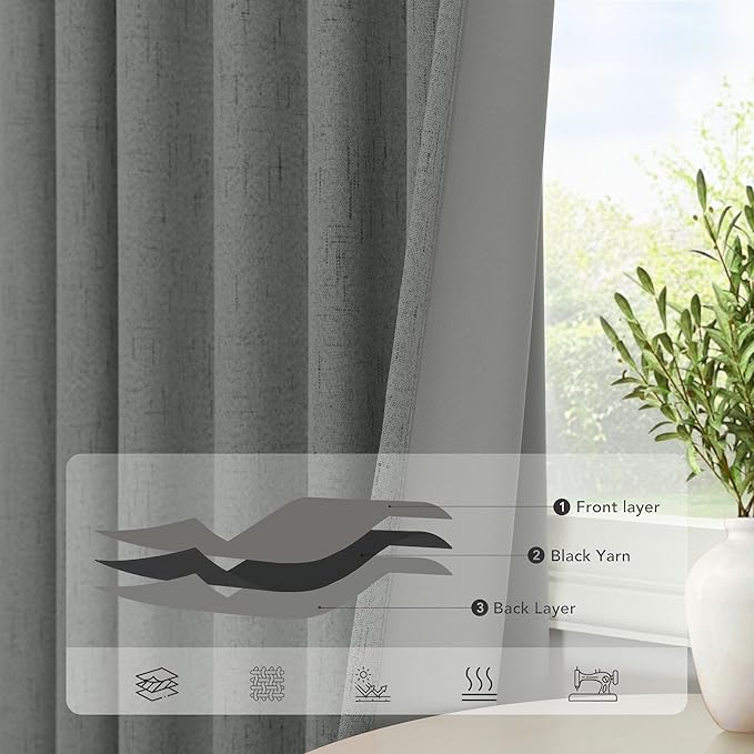 Gray Blackout Curtains 96 Inches Long 2 Panel Burg Linen Textured Charcoal Dark - Image 5