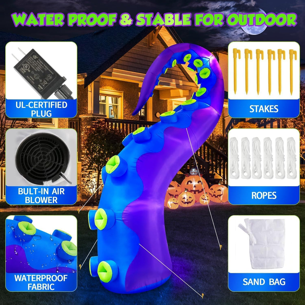 1PCS 14FT Giant Halloween Inflatables Octopus Tentacles, Huge Halloween Decorations Outdoor Build-in LED Lights Vivid Spooky Blow Up Yard Decoration Large Blowups Holiday Lawn Party Yard -Style D