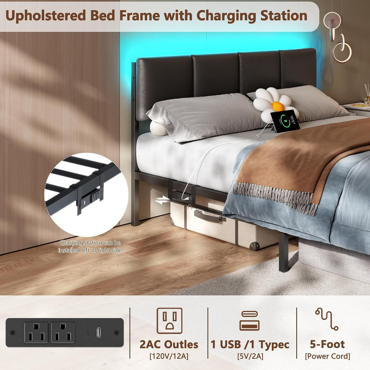 furnulem black queen bed frame with pu upholstered, close-up detail