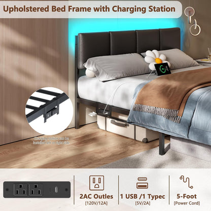 furnulem black queen bed frame with pu upholstered, close-up detail
