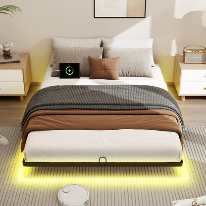 queen size floating metal bed frame with smart, front angle view