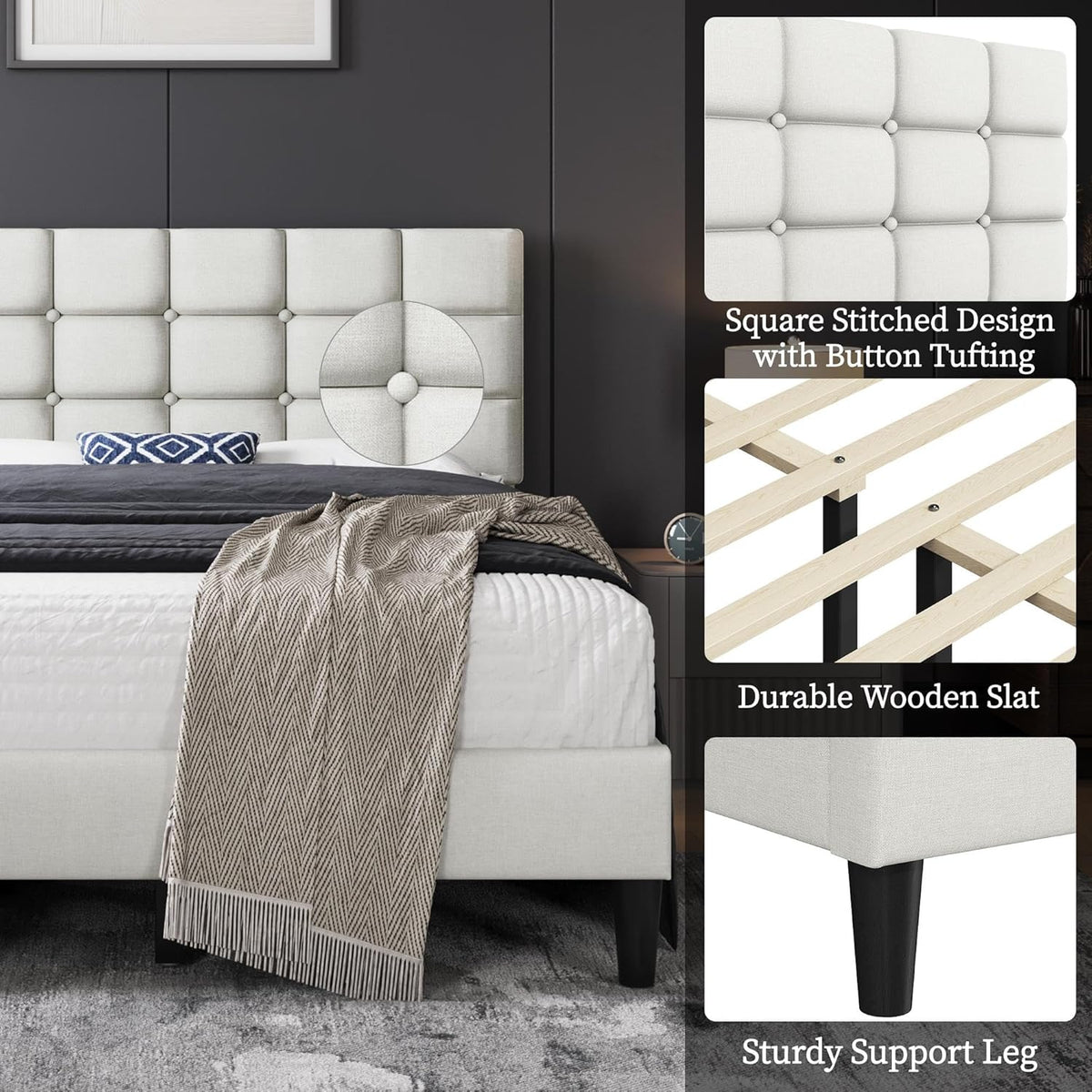 yaheetech full size upholstered tufted bed frame with, side view