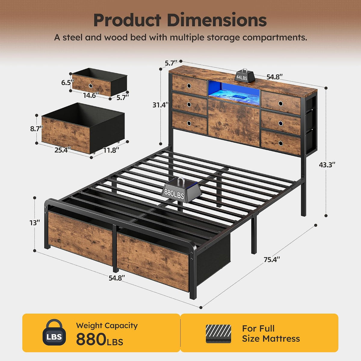 homkdom full size bed frame with 8 drawers shown in use