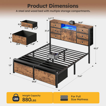 homkdom full size bed frame with 8 drawers shown in use