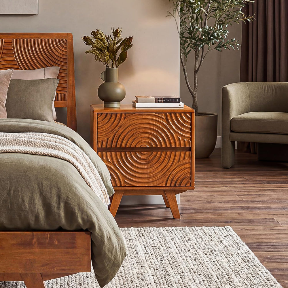 Acacia Harmony Solid Wood Nightstand with 2 Drawers, Bedside Table, Caramel