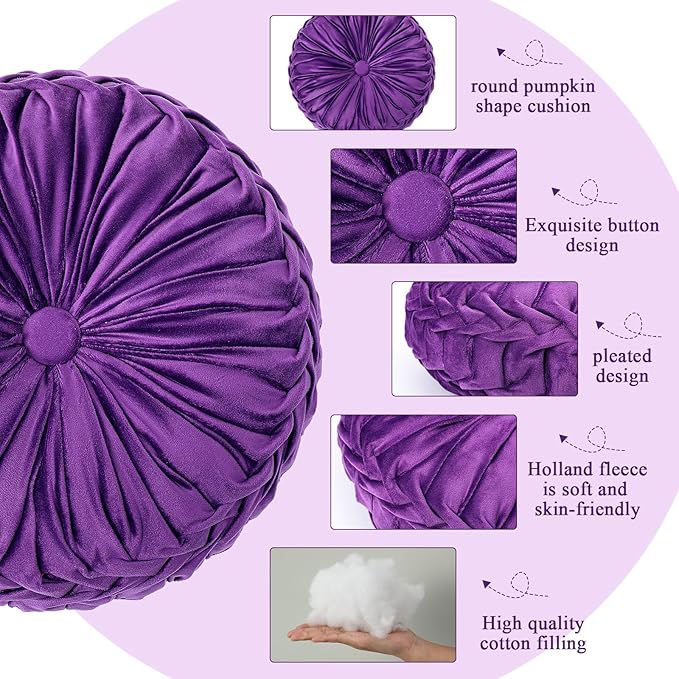 1 Pcs Round Throw Pillows Decorative Velvet Pleated Throw Pillows 15'' Diameter - Image 3