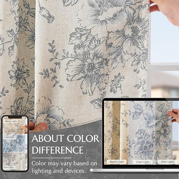 jinchan Linen Floral Tier Curtains 24 Inch Farmhouse Botanic Grey Cafe Curtains - Image 9