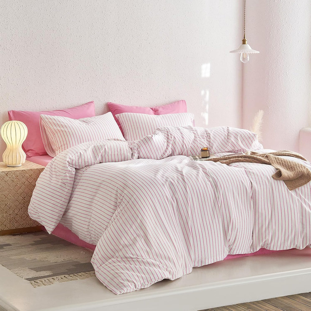 Wake In Cloud Striped Cotton Duvet Cover Set, Pink White, Full