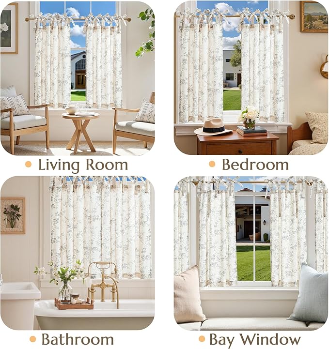 jinchan Gray Floral Kitchen Curtains 36 Inch Linen Tier Curtains Farmhouse Cafe - Image 4
