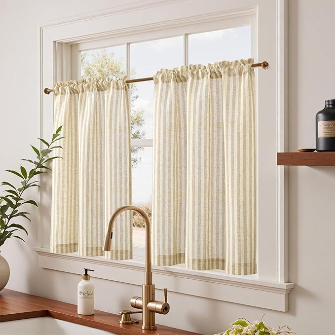 jinchan Striped Linen Kitchen Curtains 36 Inches Length Tier Curtains Farmhouse - Image 2