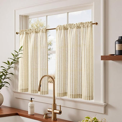 jinchan Striped Linen Kitchen Curtains 36 Inches Length Tier Curtains Farmhouse - Image 2