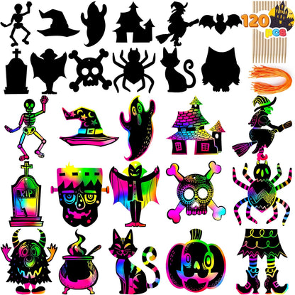 JOYIN 120 Pcs Halloween Rainbow Scratch Art Crafts for Kid, Halloween Party Favors, Scratch Off Paper with 18 Designs for Party Supplies, Classroom Activities Game Goodies Gifts