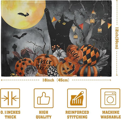 Black Cat Halloween Placemats Set of 4 Spooky Pumpkin Boo Bat Moon Horror Place - Image 4