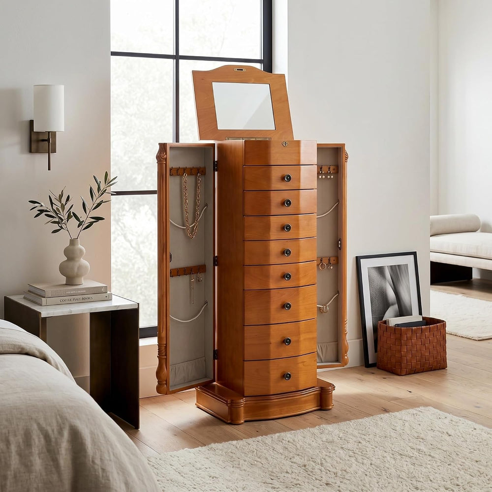 Hives & Honey Henry Standing Locking Jewelry Armoire with Mirror, 8-Drawe...