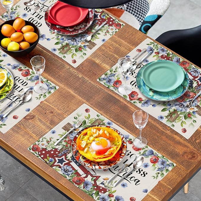 4th of July Placemats Set of 4 Patriotic Floral Cross Stars Independence - Image 7