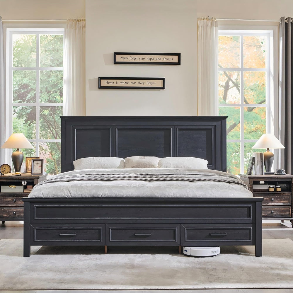 ACCOHOHO Farmhouse Queen Size Bed Frame with 53" Tall Headboard, Black