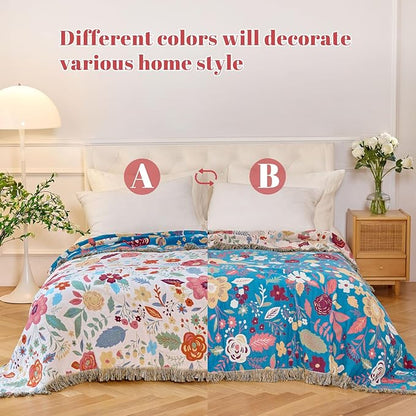 MSGKV Boho Throw Blanket for Couch 100% Cotton Floral Blanket 50"x60" Sofa Bed - Image 3