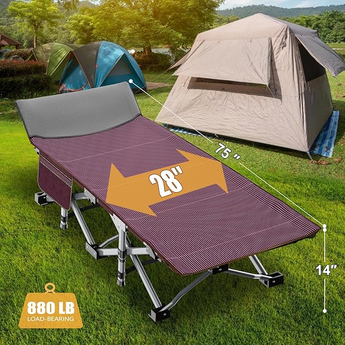 ABORON Camping Cot for Adult 28" Extra Wide, 2PK Heavy-Duty 1200D Oxford Cot - Image 2
