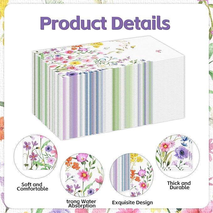 100 PCS Wildflower Paper Napkins, Disposable Flower Bathroom Guest Hand Towels - Image 3