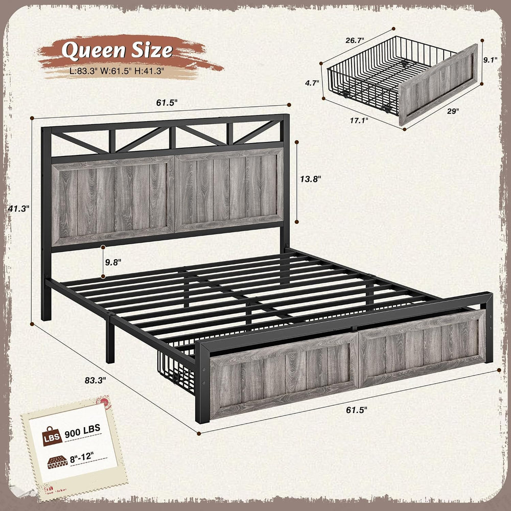 EnHomee Queen Farmhouse Bed Frame, 2 Storage Drawers, LED & USB, Light Grey