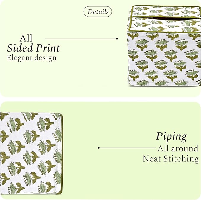 CPC Emerald Green Hand Block Printed Cotton Tissue Box Cover 5" x 5" x 5.5" - Image 5