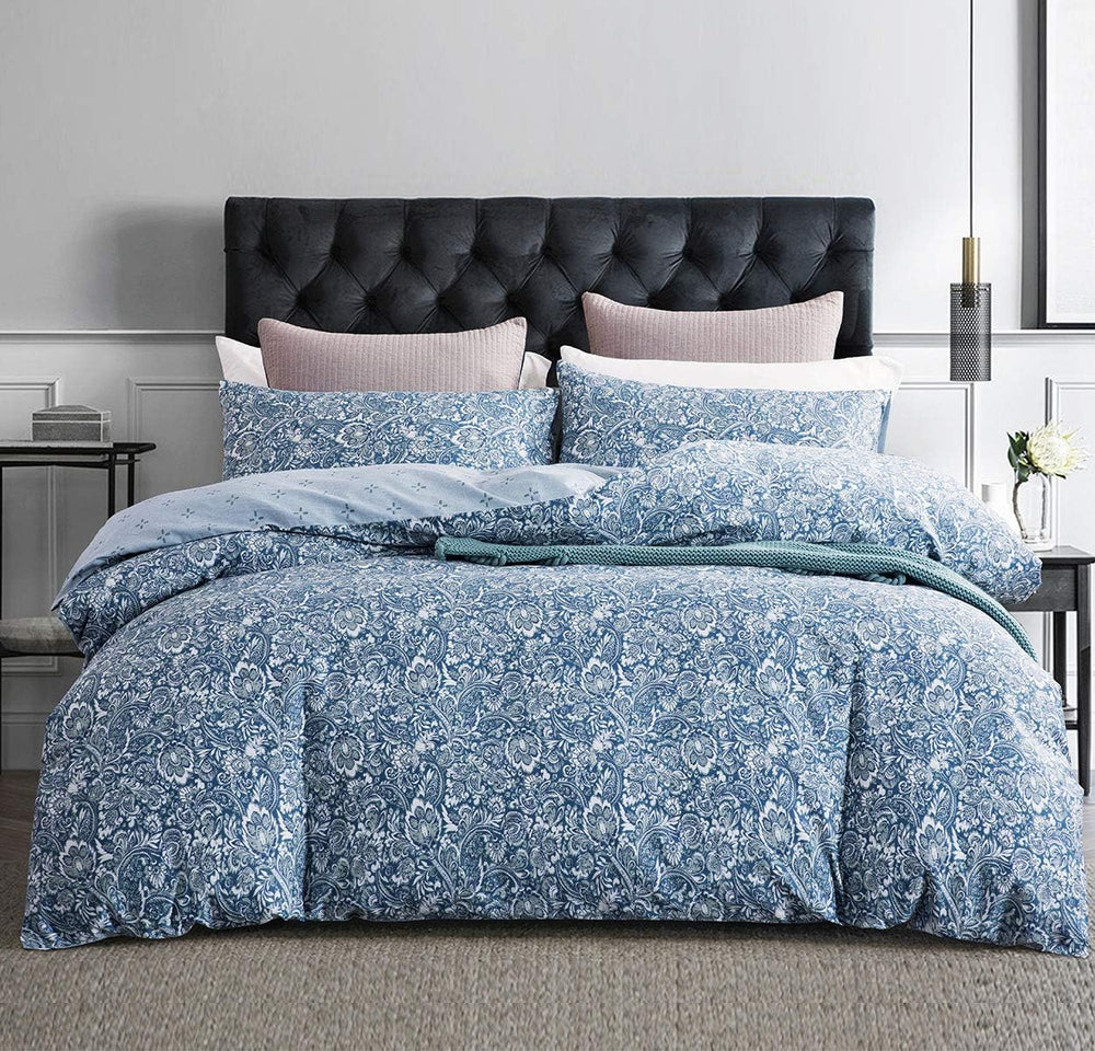 SLEEPBELLA Duvet Cover Queen, 600 Thread Count Cotton Blue & Green Paisle...
