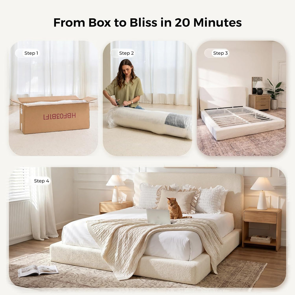 Full Size Cloud Bed Frame, White Upholstered Platform Bed Frame, Bed Base