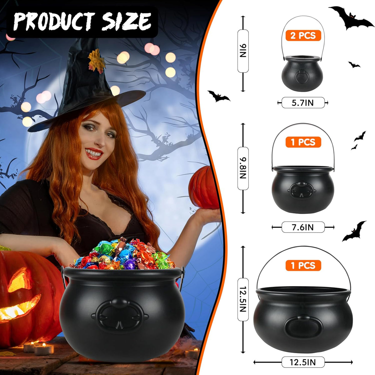 Halloween Large Cauldron Kettles, 4 in 1 [12.6"+7.7" +5.7"+ 5.7 "] Witch Cauldrons, Plastic Black Witch Pot, Treats & Punch Bowl, Candy Holder, Halloween Party Favor for Indoor Outdoor Decoration