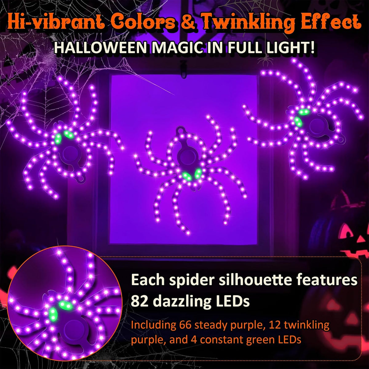3 Pack 9" Halloween Classics Twinkling LED Spiders, Hi-Vibrant Aluminum Frame Spiders Window Silhouette Lights, 234 Purple and 12 Green LED Lights, Holiday Indoor Outdoor Decoration