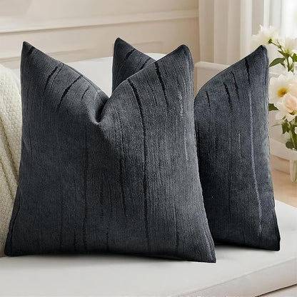 HAUSSY Black Throw Pillow Covers 18x18 Inch Set of 2, Boho Embossed Striped by HAUSSY
