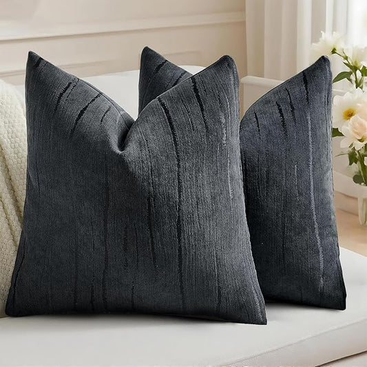 HAUSSY Black Throw Pillow Covers 18x18 Inch Set of 2, Boho Embossed Striped by HAUSSY