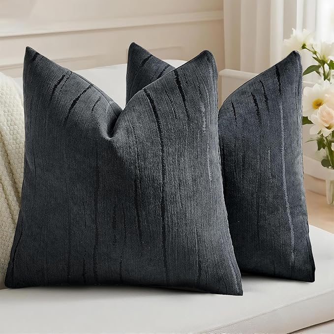 HAUSSY Black Throw Pillow Covers 20x20 Inch Set of 2, Boho Embossed Striped by HAUSSY