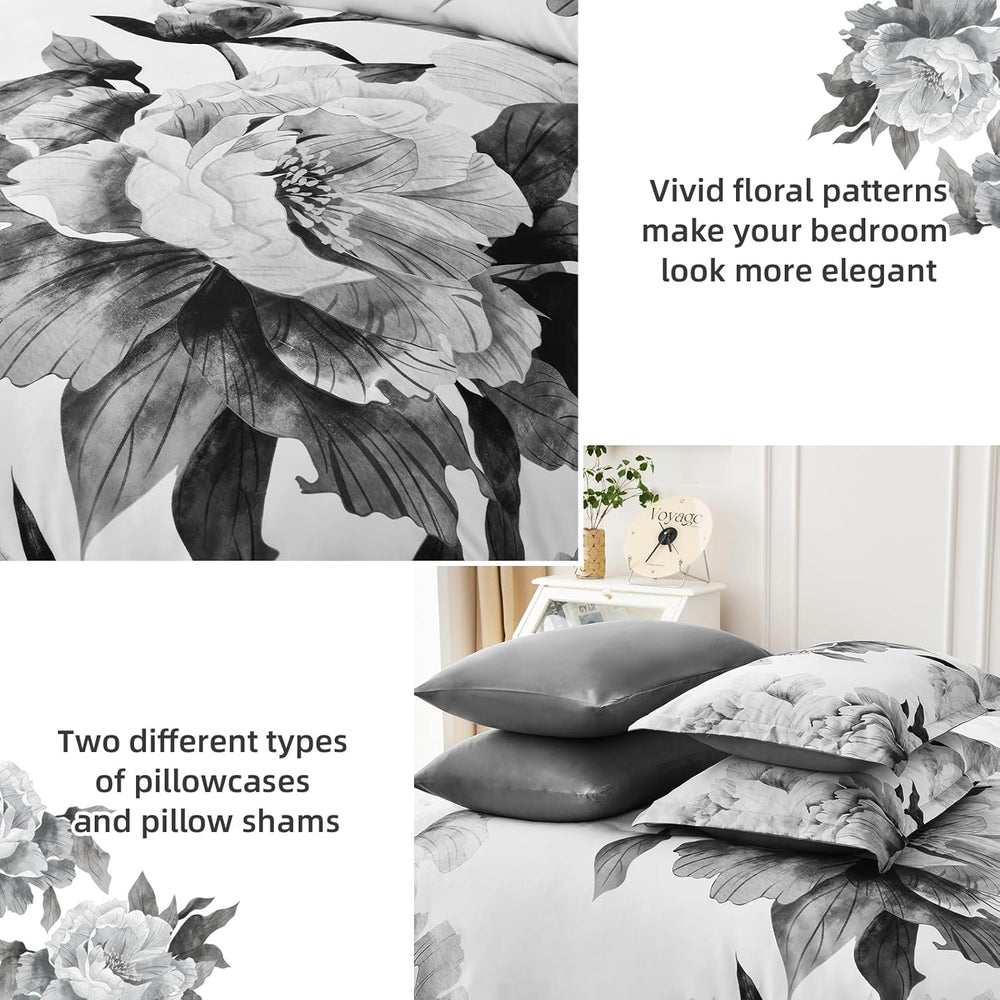 Dobuyly Grey Twin Comforter Set 5 Piece Bed in a Bag, Gray and White Floral C...